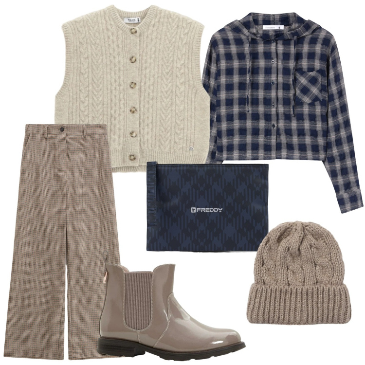 Outfit donna - Capi bestsellers. Stile Casual per Scuola/Università. Abbinamento con stivaletti chelsea, camicie, berretti, pantaloni a palazzo, gilet, clutch.