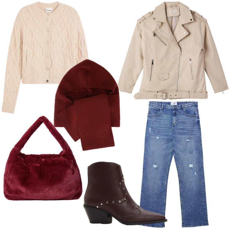 Outfit donna - Casual per il centro. Stile Casual per Tutti i giorni. Abbinamento con cardigans, stivaletti texani, jeans strappati, giacche, sciarpe, borse a spalla.