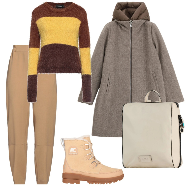 Outfit donna - Oggi fa molto freddo. per Tutti i giorni. Abbinamento con pullovers, pantaloni, stivaletti, zaini, piumini.