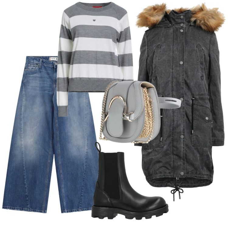 Outfit donna - Sabato mattina. per Tutti i giorni. Abbinamento con stivaletti chelsea, parka, pullovers, marsupi, jeans.