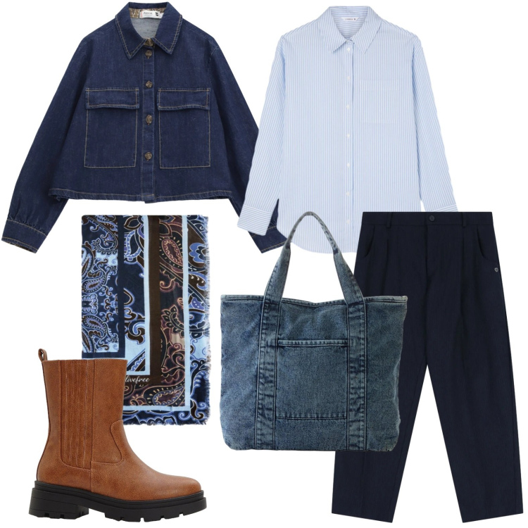 Outfit donna - Iconic blue. Stile Casual per Scuola/Università. Abbinamento con shopping bag, stivaletti chelsea, camicie, pantaloni, blazer, foulard.