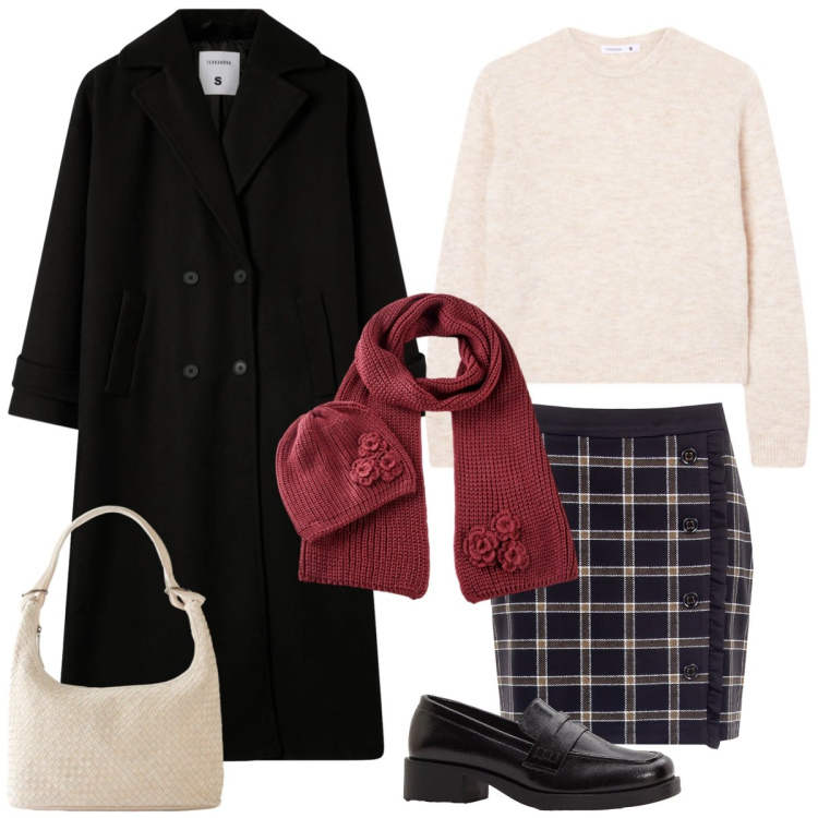 Outfit donna - Ufficio. Stile Preppy per Ufficio. Abbinamento con sciarpe, shopping bag, mocassini, maglieria, cappotti, minigonne.