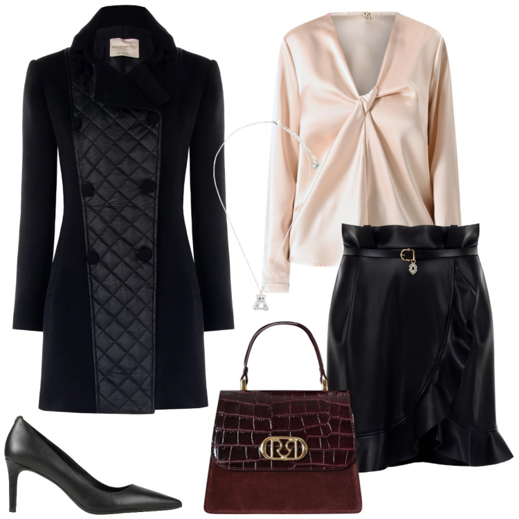 Outfit donna - Serata fuori. Stile Chic per Serata fuori. Abbinamento con décolleté, ciondoli, cappotti, minigonne, bluse, borse a mano.