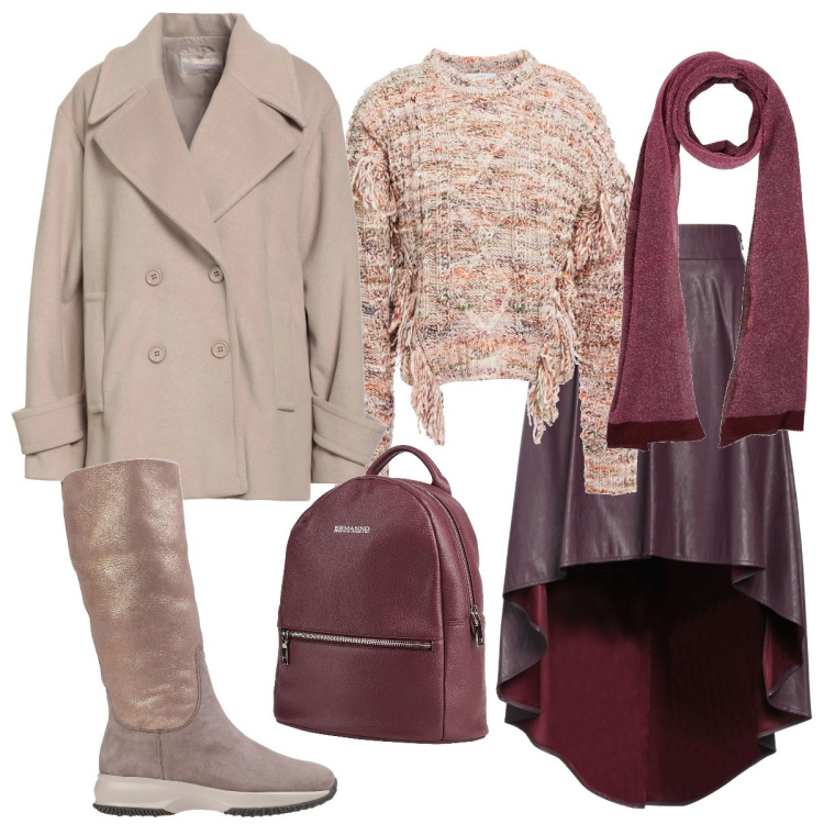 Outfit donna - Università. Stile Casual chic per Scuola/Università. Abbinamento con caban, stivali da neve, pullovers, sciarpe, minigonne, zaini.
