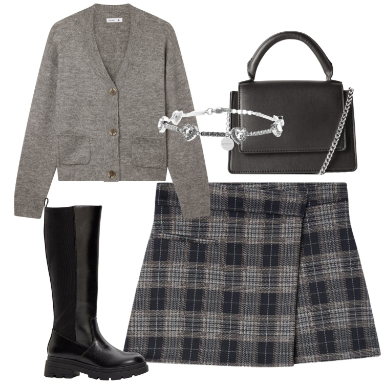 Outfit donna - Terranova. Stile Urban per Tutti i giorni. Abbinamento con stivali, minigonne, cardigans, borse a tracolla, braccialetti.
