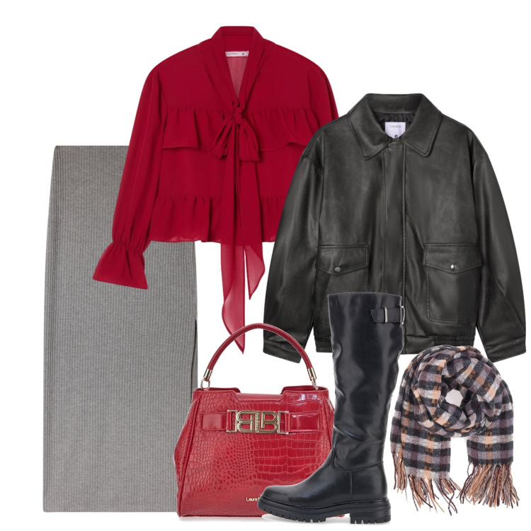 Outfit donna - Terranova - Saldi FW25. Stile Chic per Tutti i giorni. Abbinamento con giacche, gonne lunghe, camicie, sciarpe, stivali sopra il ginocchio, borse a mano.