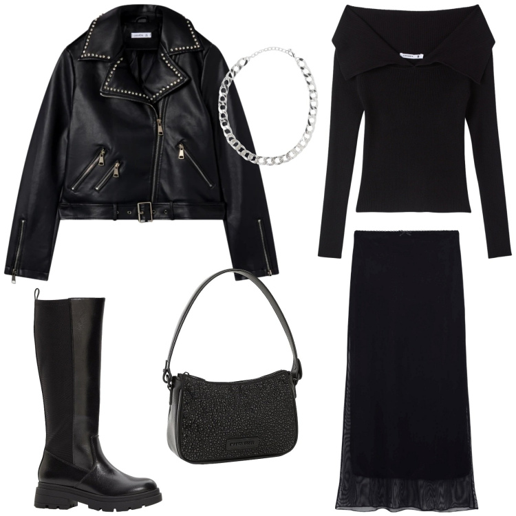 Outfit donna - Serata rock. Stile Rock per Serata fuori. Abbinamento con stivali, borse a mano, collane, giacche, maglieria, gonne lunghe.