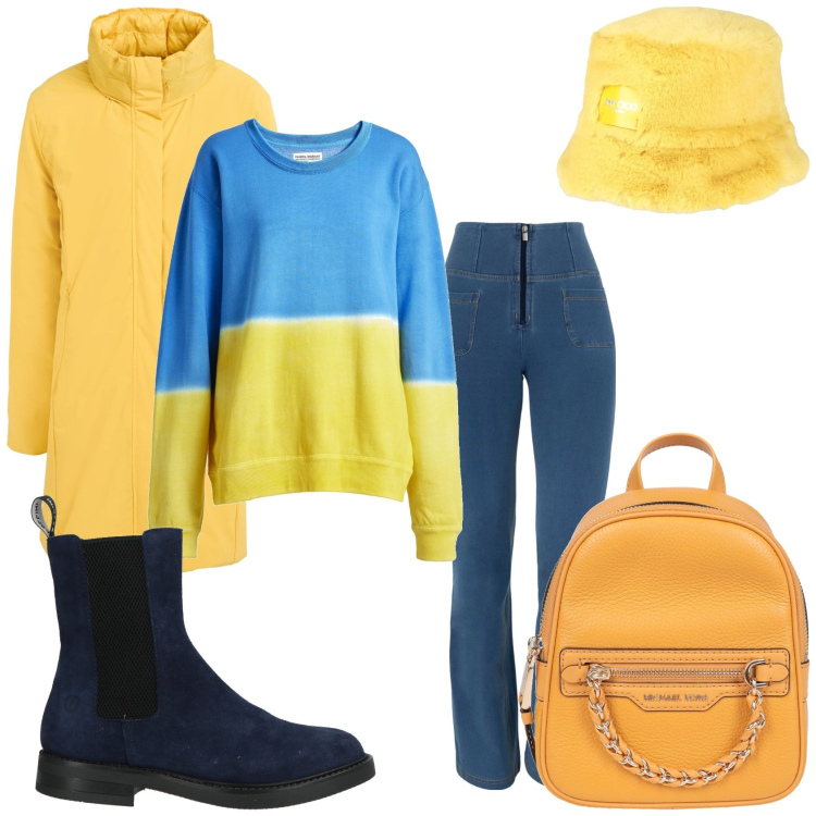 Outfit donna - Giallo e blu. Stile Casual per Tutti i giorni. Abbinamento con stivaletti chelsea, parka, zaini, cappelli, felpe, jeans.