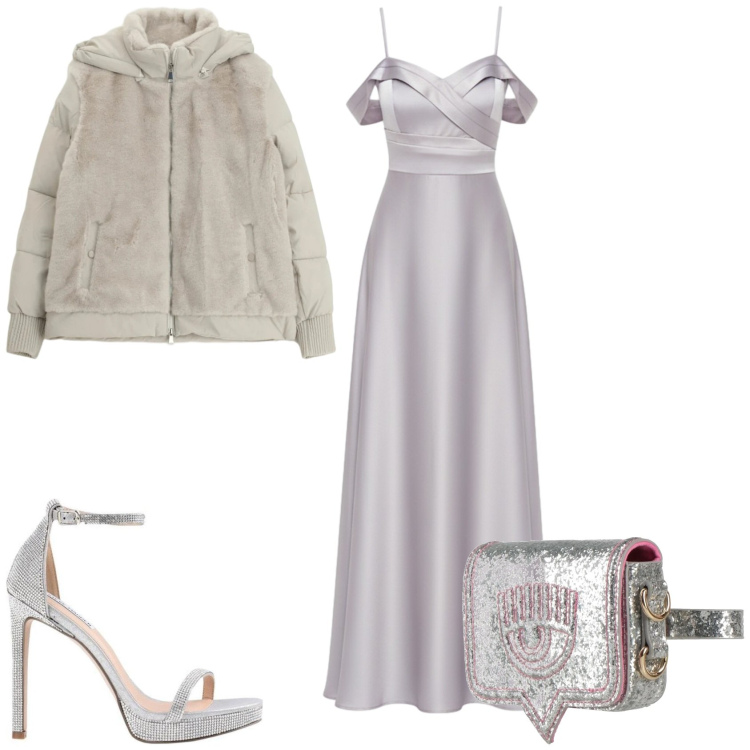 Outfit donna - Serata chic. Stile Glamour per Serata fuori. Abbinamento con sandali col tacco, marsupi, guanti, vestiti lunghi.