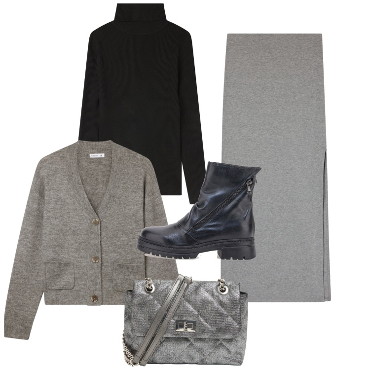 Outfit donna - Terranova - Saldi FW25. Stile Minimal per Tutti i giorni. Abbinamento con gonne lunghe, cardigans, borse a tracolla, maglieria, anfibi.