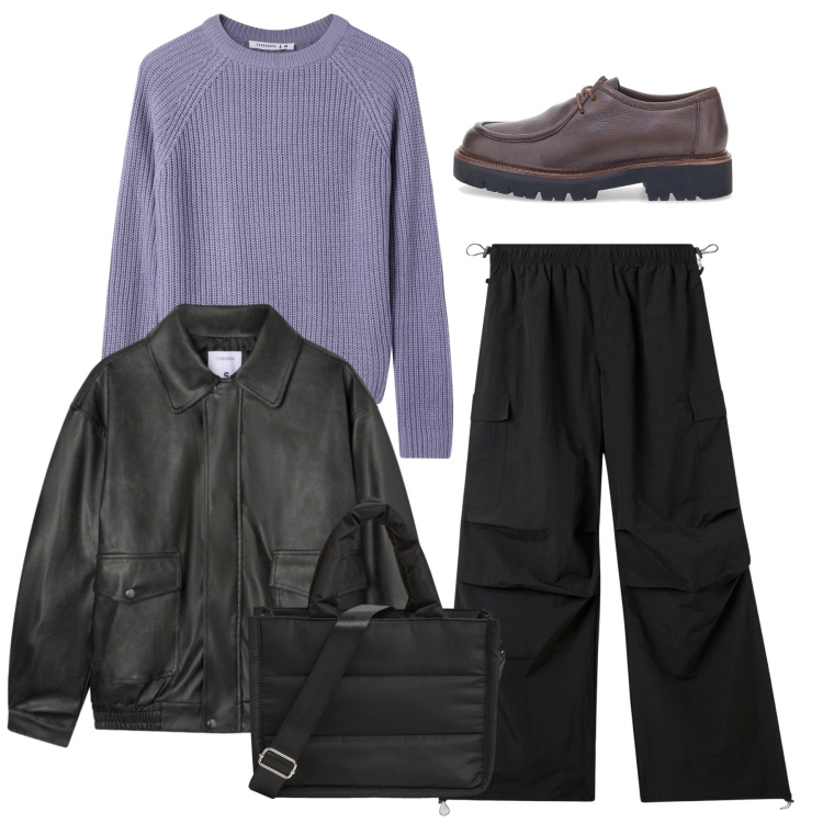 Outfit donna - Terranova - Saldi FW25. Stile Trendy per Tutti i giorni. Abbinamento con pantaloni cargo, giacche, shopping bag, maglieria, francesine.