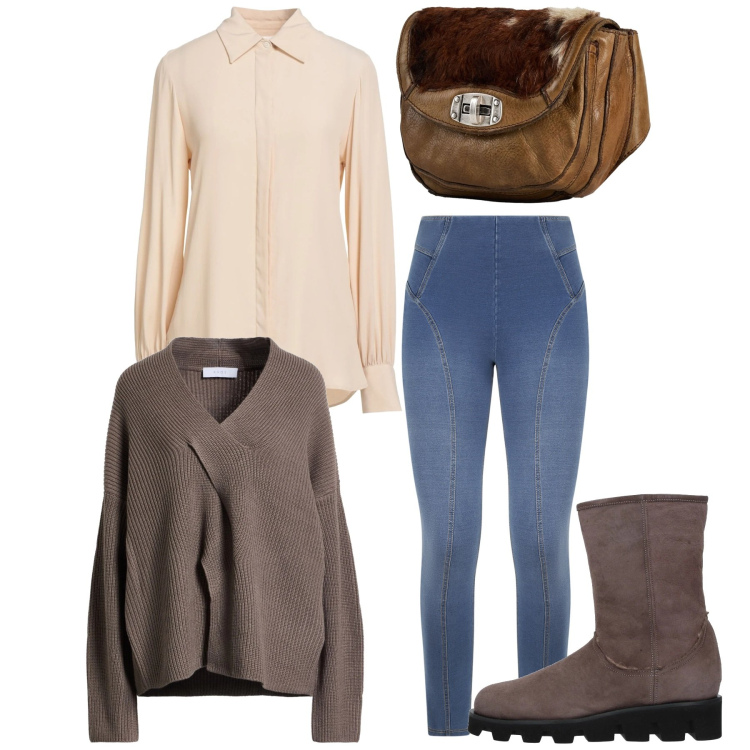Outfit donna - Total look con camicetta. Stile Casual chic per Tutti i giorni. Abbinamento con pullovers, stivaletti, camicie, marsupi, jeggings.