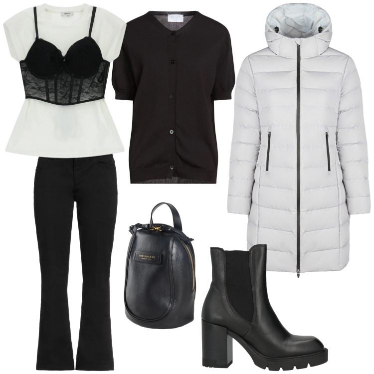 Outfit donna - Black & White. Stile Casual chic per Tutti i giorni. Abbinamento con stivaletti chelsea, pantaloni, zaini, cardigans, top, cappotti.