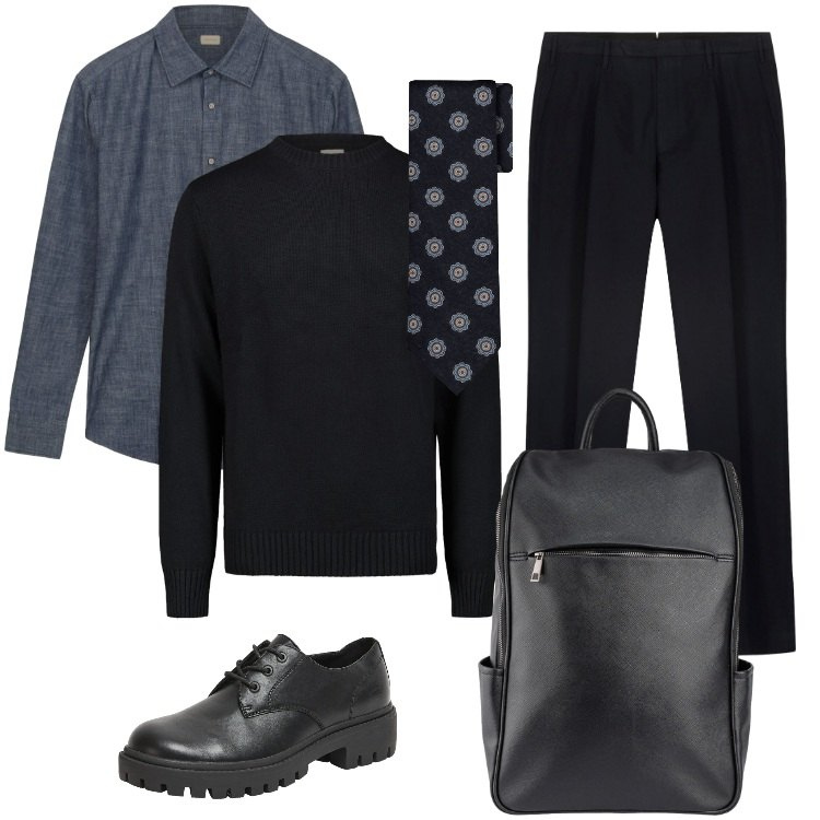 Outfit uomo - Total look #2318140. Stile Casual per Ufficio. Abbinamento con scarpe stringate, pantaloni, camicie, maglieria, cravatte, borse sportive.