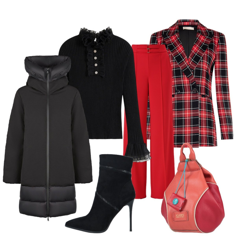 Outfit donna - Di corsa in ufficio. Stile Glamour per Ufficio. Abbinamento con maglieria, zaini, stivaletti, piumini, blazer, pantaloni a palazzo.