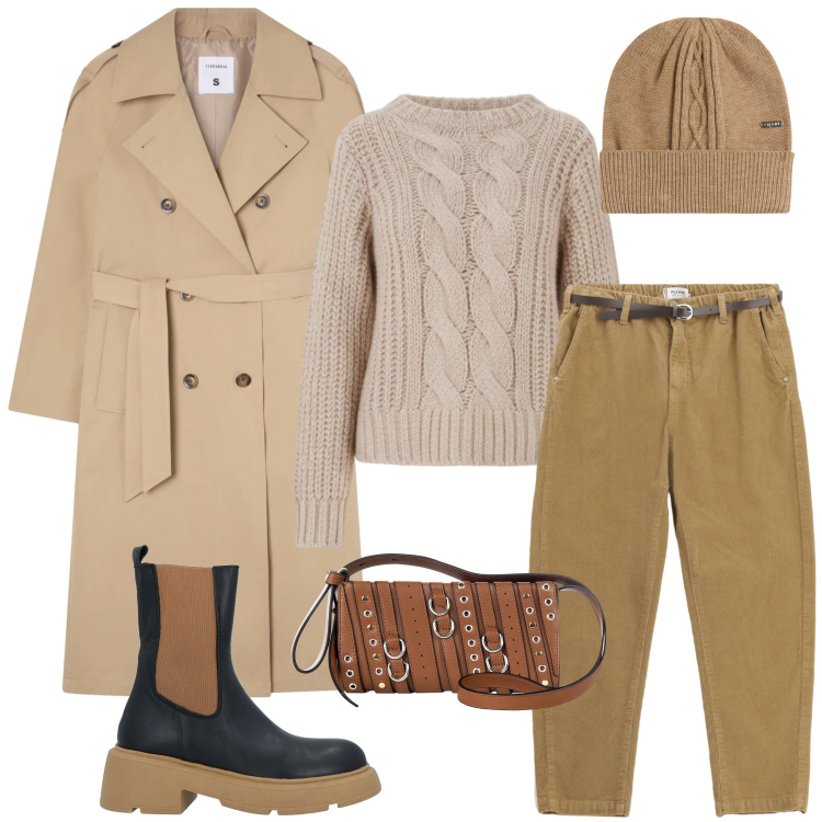 Outfit donna - Capospalla protagonista. Stile Casual per Tutti i giorni. Abbinamento con stivaletti, trench, maglieria, borse a spalla, pantaloni chino, berretti.