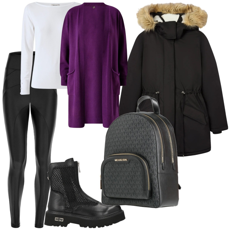 Outfit donna - Il cardigan viola. per Tutti i giorni. Abbinamento con stivaletti, zaini, cardigans, pullovers, parka, pantaloni skinny.