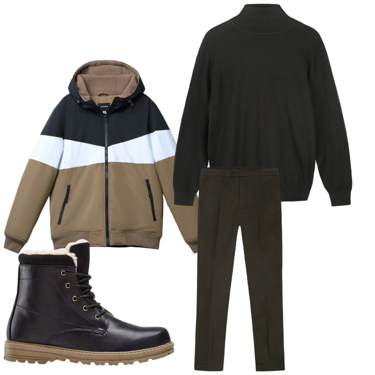 Outfit uomo - W il freddo. Stile Casual per Tutti i giorni. Abbinamento con stivali e stivaletti, piumini, maglieria, pantaloni chino.