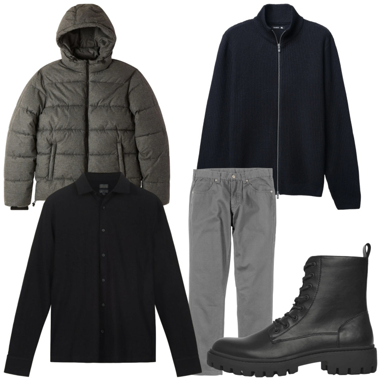 Outfit uomo - Due passi in centro. Stile Casual per Tutti i giorni. Abbinamento con pantaloni, anfibi, cardigans, bomber, polo.