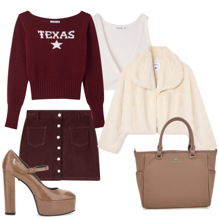 Outfit donna - Total look #2318161. Stile Casual chic per Ufficio. Abbinamento con top, ecopellicce, maglieria, minigonne, borse a tracolla, scarpe col tacco.