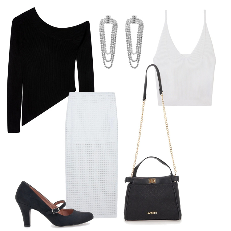 Outfit donna - Total look #2318163. Stile Casual chic per Ufficio. Abbinamento con gonne lunghe, top, orecchini, maglieria, borse a tracolla, décolleté.