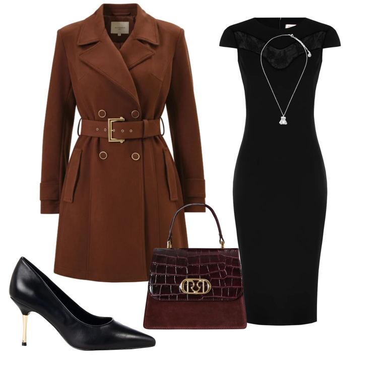 Outfit donna - Serata. Stile Casual per Serata fuori. Abbinamento con ciondoli, décolleté, borse a mano, vestiti midi/longuette, trench.