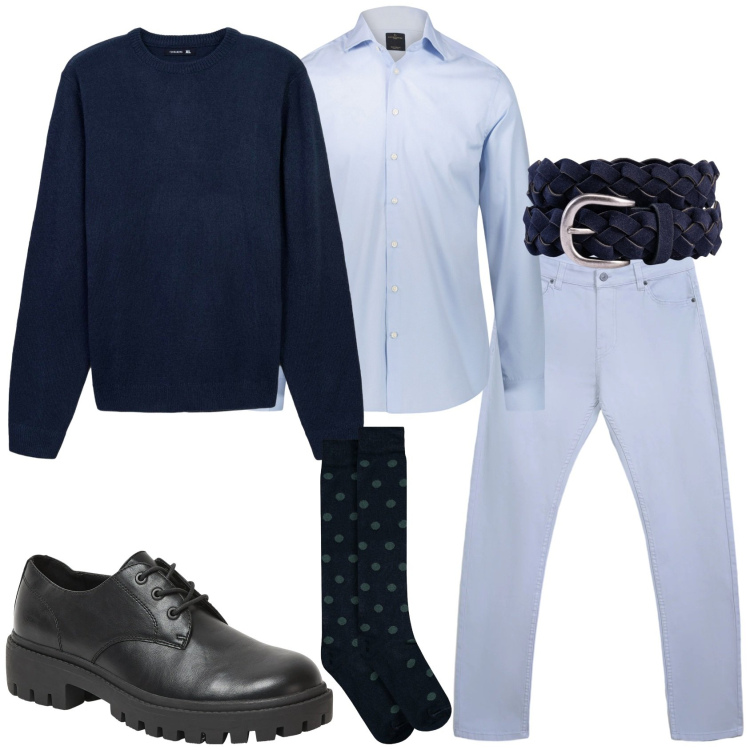 Outfit uomo - Total look #2318168. Stile Casual per Tutti i giorni. Abbinamento con scarpe stringate, maglieria, pantaloni skinny, camicie, cinture, calzini.