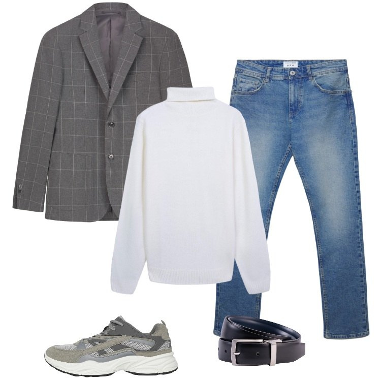 Outfit uomo - Total look #2318177. Stile Trendy per Ufficio. Abbinamento con sneakers, maglieria, jeans dritti, giacche, cinture.