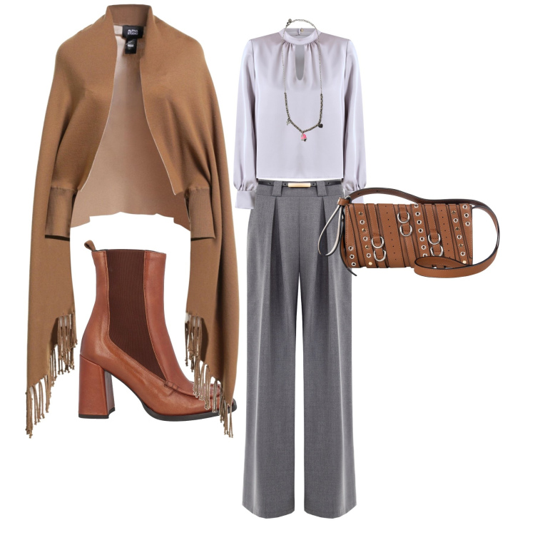 Outfit donna - Giovedì pomeriggio. Stile Bon Ton per Ufficio. Abbinamento con cappe, stivaletti chelsea, ciondoli, bluse, pantaloni a palazzo, borse a spalla.