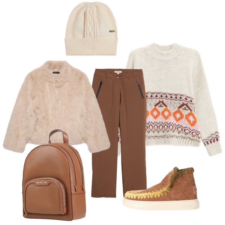 Outfit donna - Fantasia, grande e soffice. Stile Casual chic per Tutti i giorni. Abbinamento con pantaloni, stivaletti, zaini, maglieria, berretti, ecopellicce.