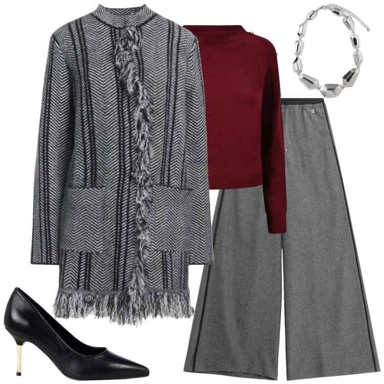 Outfit donna - Gennaio. Stile Urban per Tutti i giorni. Abbinamento con cappotti, pantaloni, maglieria, décolleté, ciondoli.