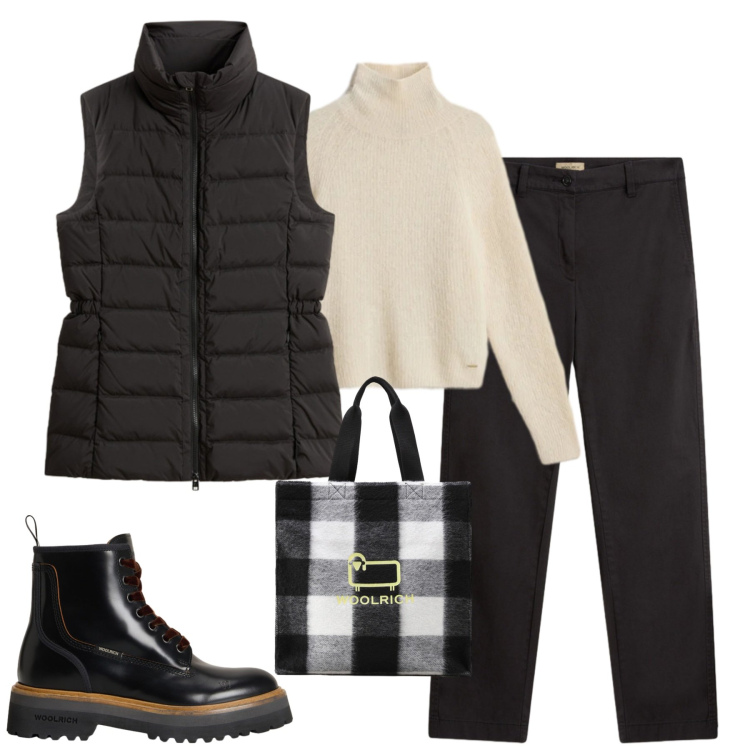 Outfit donna - Woolrich. Stile Casual chic per Tutti i giorni. Abbinamento con borse tote, pantaloni, gilet, maglieria, anfibi.