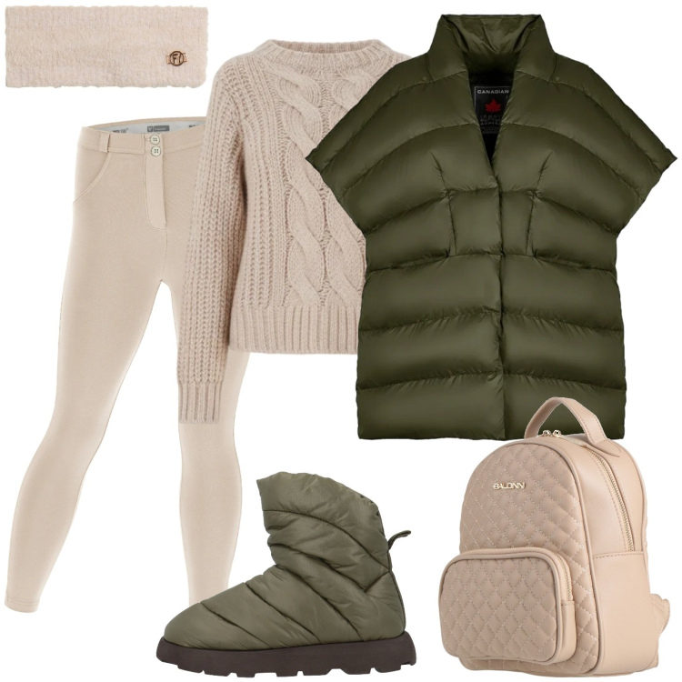 Outfit donna - Comodissima. Stile Casual per Tutti i giorni. Abbinamento con zaini, stivaletti, pantaloni skinny, fasce per capelli, piumini, maglieria.
