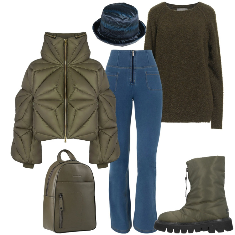 Outfit donna - Accostamento insolito. Stile Casual per Tutti i giorni. Abbinamento con cappelli, stivaletti, zaini, pullovers, jeans, piumini.