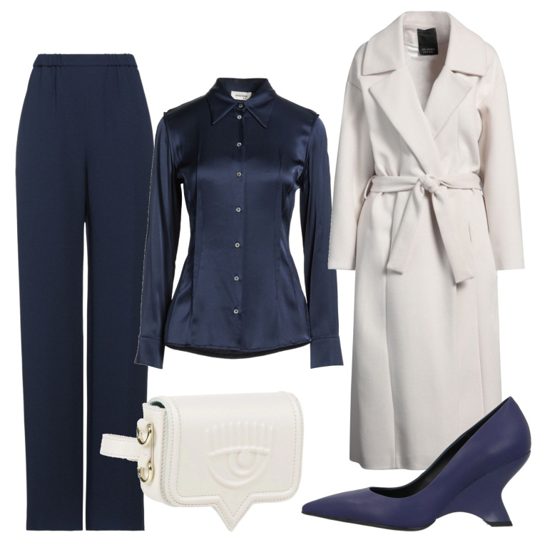 Outfit donna - Panna e blu. Stile Casual chic per Ufficio. Abbinamento con pantaloni, camicie, cappotti, marsupi, décolleté.