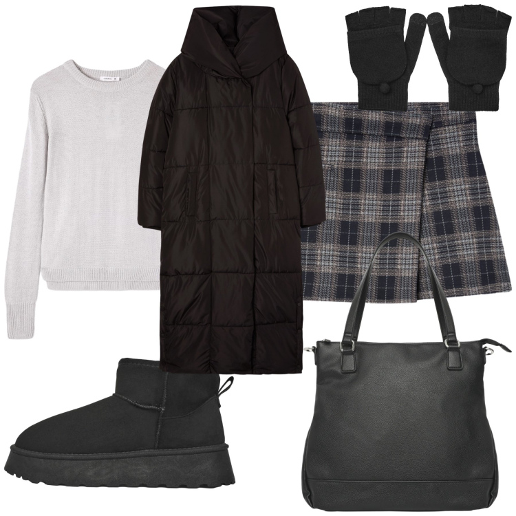 Outfit donna - Freddo sabato in Terranova. Stile Urban per Tutti i giorni. Abbinamento con minigonne, cappotti, maglieria, stivaletti, shopping bag, guanti.