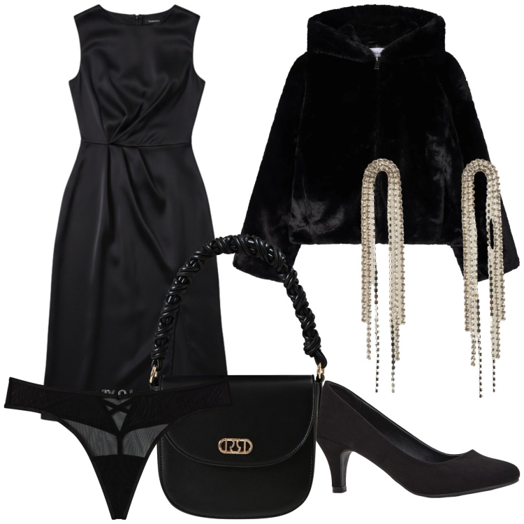 Outfit donna - Elegantissima al sabato sera. Stile Chic per Serata fuori. Abbinamento con décolleté, ecopellicce, orecchini, perizomi, vestiti midi/longuette, borse a mano.