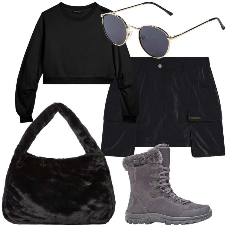 Outfit donna - Preppy al caldo. Stile Preppy per Tutti i giorni. Abbinamento con stivaletti, occhiali da sole, minigonne, felpe, borse a spalla.