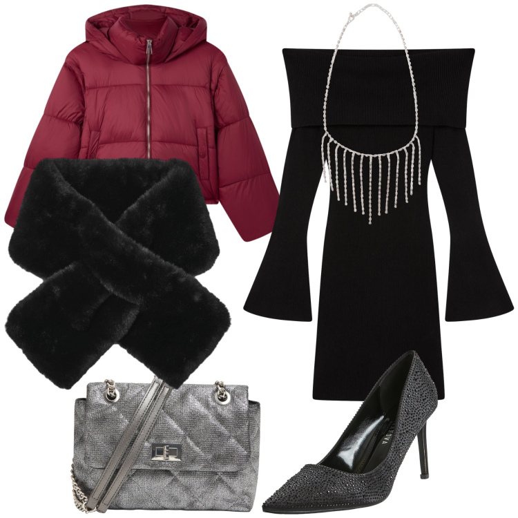 Outfit donna - Terranova evening. Stile Glamour per Serata fuori. Abbinamento con bomber, collane, vestiti corti, décolleté, sciarpe, borse a tracolla.