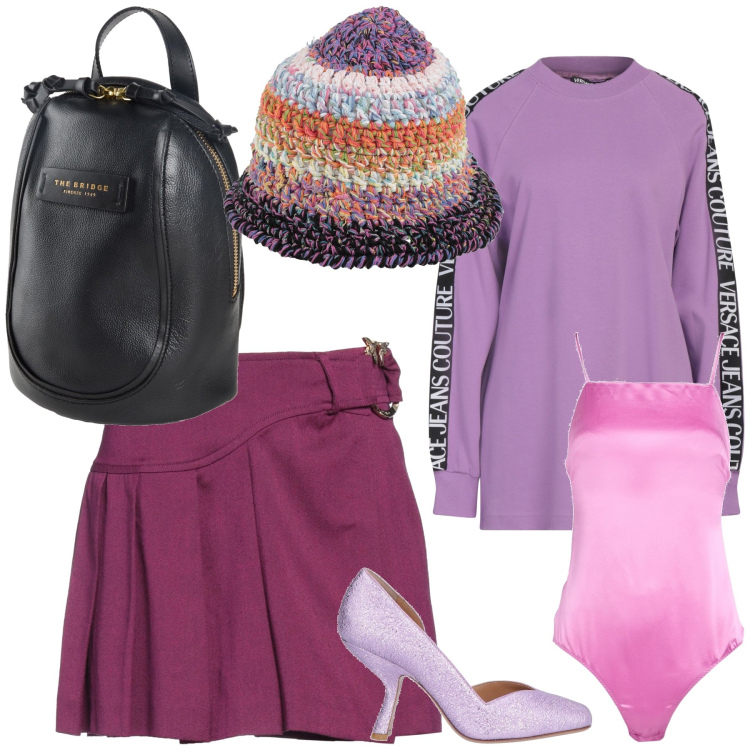 Outfit donna - Aperitivo. Stile Trendy per Serata fuori. Abbinamento con cappelli, body, décolleté, minigonne, zaini, felpe.