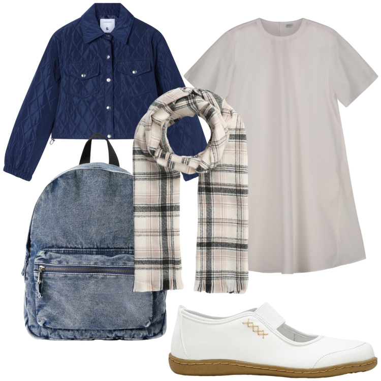 Outfit donna - Total look. Stile Casual per Tutti i giorni. Abbinamento con ballerine, zaini, giacche, sciarpe, vestiti corti.