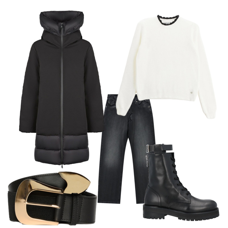 Outfit donna - Urban chic in bianco e nero. Stile Urban per Tutti i giorni. Abbinamento con anfibi, pullovers, jeans dritti, piumini, cinture.