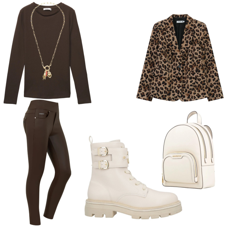 Outfit donna - Total look #2318224. Stile Casual per Tutti i giorni. Abbinamento con anfibi, zaini, t-shirt, blazer, jeans skinny, ciondoli.