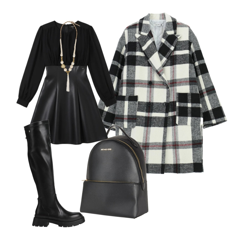 Outfit donna - Cappotto over. Stile Casual chic per Tutti i giorni. Abbinamento con zaini, stivali, vestiti corti, cappotti, ciondoli.