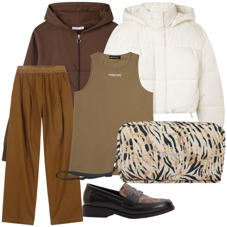 Outfit donna - A strati nel freddo di gennaio. Stile Casual per Tutti i giorni. Abbinamento con mocassini, felpe con cappuccio, bomber, valigie, canottiere, pantaloni.