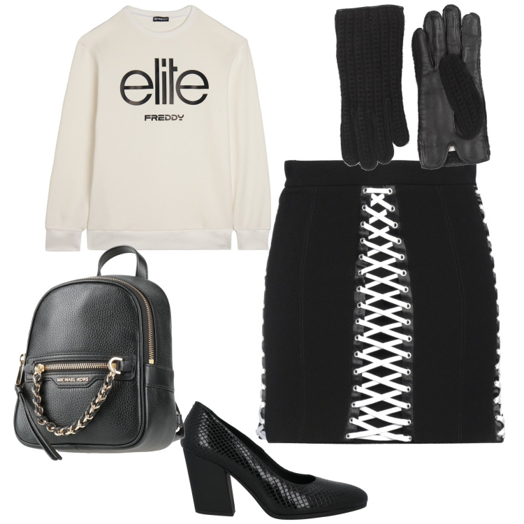 Outfit donna - Decisamente un look d elite. Stile Urban per Ufficio. Abbinamento con minigonne, décolleté, zaini, guanti, felpe.