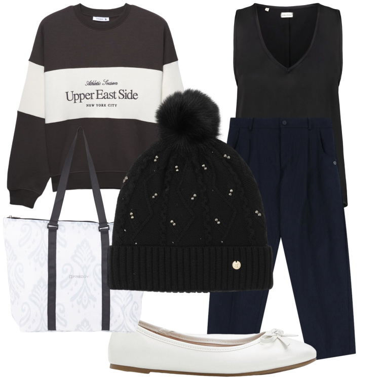 Outfit donna - Total look. Stile Preppy per Tutti i giorni. Abbinamento con ballerine, felpe sportive, pantaloni, shopping bag, berretti, top.