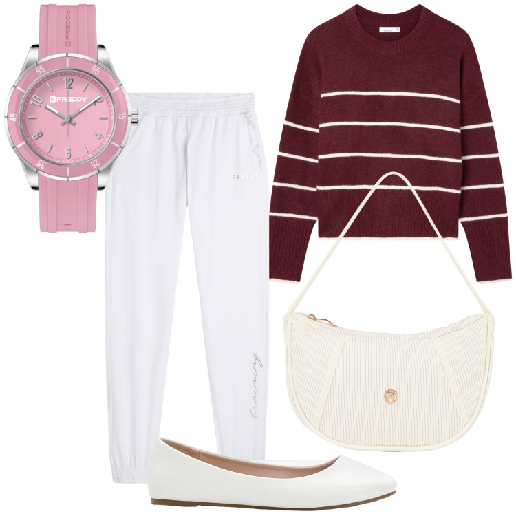 Outfit donna - Sempre l ora dei pantaloni bianchi. Stile Bon Ton per Tutti i giorni. Abbinamento con ballerine, maglieria, orologi, pantaloni, borse a mano.