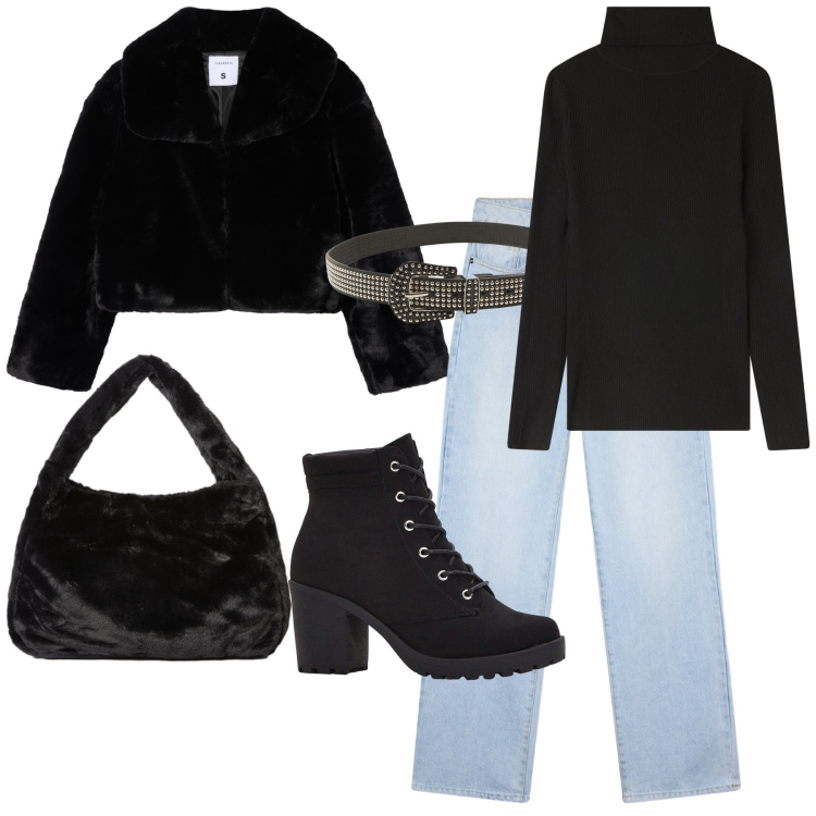 Outfit donna - Classicissima pizza del sabato. Stile Urban per Serata fuori. Abbinamento con stivaletti, jeans dritti, maglieria, ecopellicce, cinture, borse a spalla.
