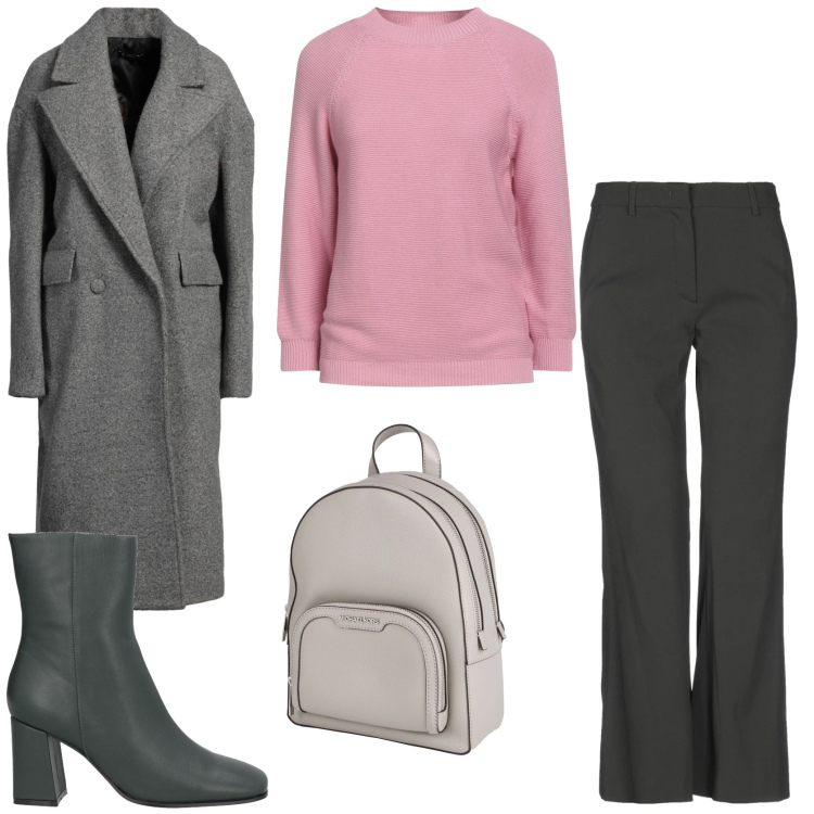 Outfit donna - Un tocco di rosa in ufficio. Stile Casual chic per Ufficio. Abbinamento con cappotti, zaini, pantaloni, stivaletti, pullovers.